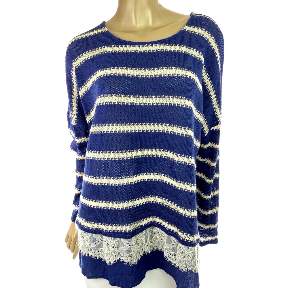 Bobeau Sweater Sz 1X Navy Blue & Beige Striped Long Sleeve Lace at Bottom Cotton